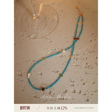 AMO翡翠灣天然綠松石珍珠項鏈女中式復古小眾設計高級串珠鎖骨鏈
