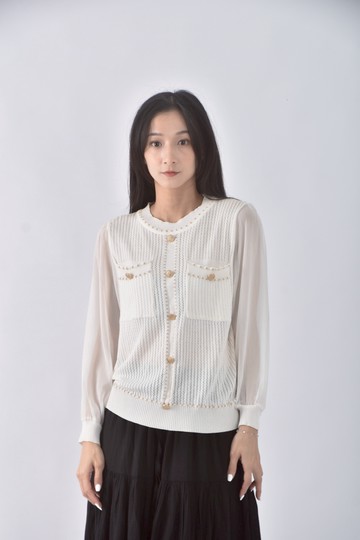 (M) 小香風排扣白色長袖上衣