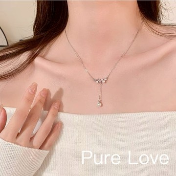 Pure Love樂芙 / 正韓 銀飾【S925純銀】N0820簡約通體純銀項鍊點點鋯石珍珠流蘇吊墜鎖骨鏈 短項鏈 /