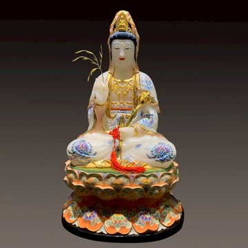 天然阿富汗白玉原石整料手工雕刻手工彩繪 坐蓮觀音像 觀音菩薩