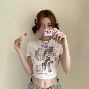 辣妹上衣 修身上衣 緊身上衣 美式復古辣妹短袖t T 小個子上衣 露臍上衣 顯高顯瘦短款上衣女 韓系可愛小貓印花圖案上衣