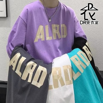 DR更衣室-長T 韓版字母膠帶拼接印花塗鴉印花T恤 圓領 百搭 男裝 大尺碼8XL【NL665018】