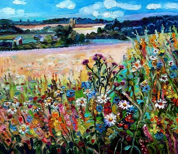 草地畫花卉原創藝術油畫牆壁裝飾