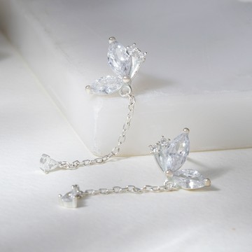 [925純銀]MARIGOLD蝴蝶衣裳鋯石垂墜耳環【KMD373】-銀