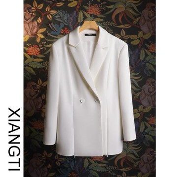 XT2025新款小西裝外套女春秋開叉白色廓形設計感小眾寬松氣質早秋
