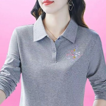 寬鬆長袖POLO衫 上衣 POLO衫 長袖衫女士秋季新款Polo衫寬鬆顯瘦中年媽媽裝潮 大尺碼服飾 平價女裝 韓版女裝