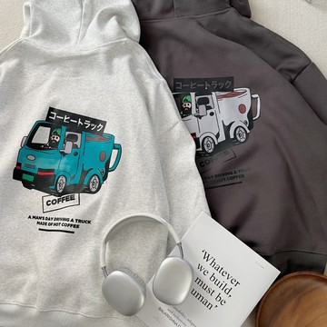 【MasCool】TRUCK咖啡車帽T 口袋帽踢 絨毛內裡 男女同款 連帽衛衣 帽Tee 寬鬆 長袖上衣 長袖