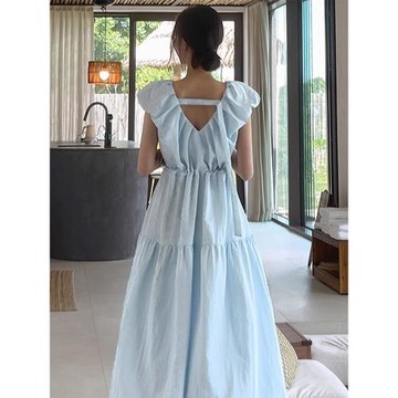 韓國chic夏季優雅氣質V領露背設計抽褶收腰顯瘦長款背心連衣裙女