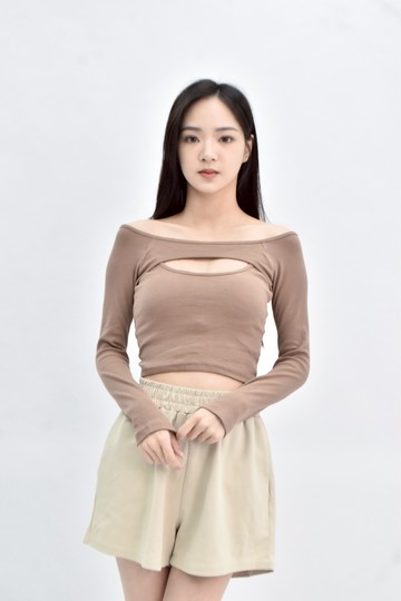 (S) air space 棉質 bra top圓領棕色長袖上衣