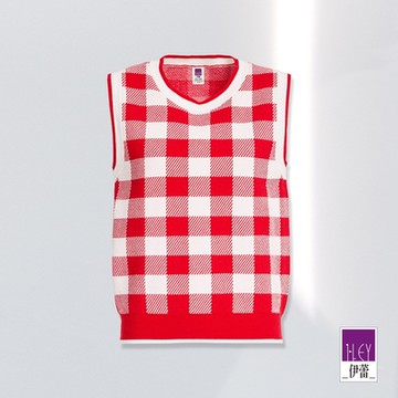 ILEY伊蕾 俏皮圓領滾邊紅白格紋縲縈針織背心(紅色；M-XL)1224345002