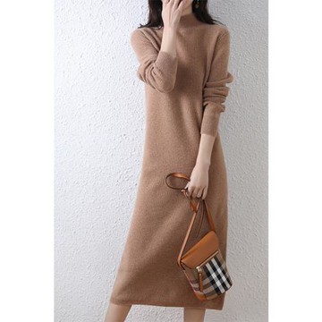 半高領純羊毛針織連衣裙女秋冬季中長過膝毛衣裙寬松顯瘦打底裙子