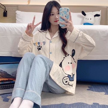 睡衣女春秋款卡通長袖甜美可愛女士寬松外出開衫套裝秋冬季家居服