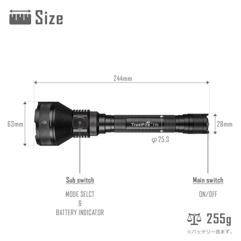 懐中電灯 led 強力 軍用 フラッシュライト ルーメン 2300lm サーチライト 最長照射 1km ハンディライト Trust Fire T70  18650電池セット | LINEショッピング