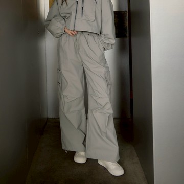 LALLO-鉚釘鬆緊休閒工裝長褲-灰色