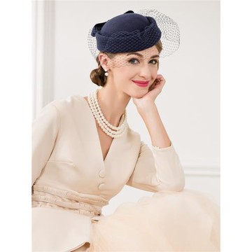 EE 秋冬新款時尚羊毛小禮帽 歐美百搭宴會帽子女名媛紗網禮帽