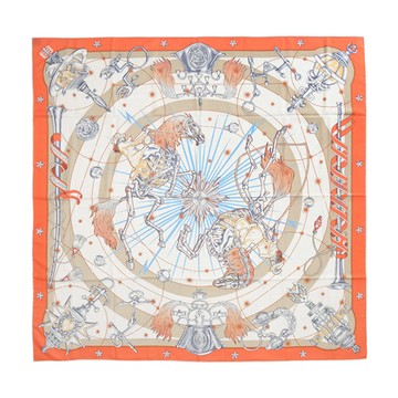 Hermes 愛馬仕 Chorus Stellarum 140 手工捲邊喀什米爾與真絲混紡方巾(橘色/自然色/灰色)_廠商直送
