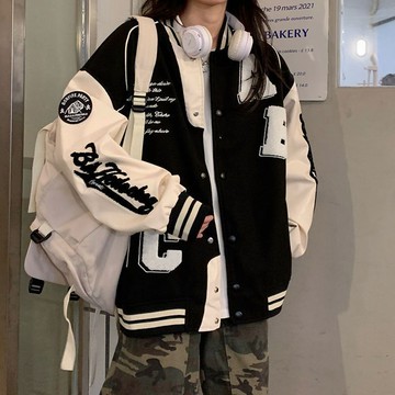 佰分佰/100kg內可穿/大尺碼女裝/冬天外套/美式拼接刺繡棒球服新款百搭學生韓版寬松外套女ins/女生外套