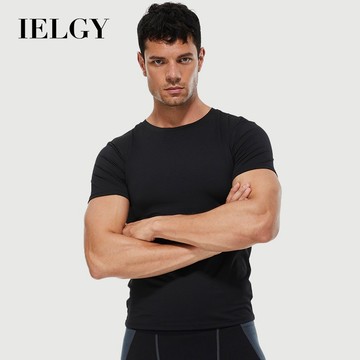 IELGY男士運動T恤襯衫健身跑步緊身衣彈力速乾短袖吸汗純色