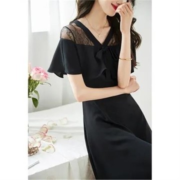 蕾絲拼接連衣裙2023夏季女新款時尚百搭荷葉邊裝飾顯瘦顯高中長裙