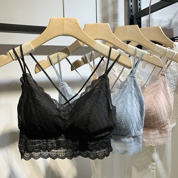 法式防走光美背文胸固定超薄三角杯吊帶背心內衣女無鋼圈蕾絲抹胸
