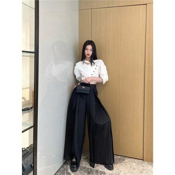 NancyCavally自帶氣場 超輕薄醋酸/亞麻 細長風琴褶拖地闊腿神褲