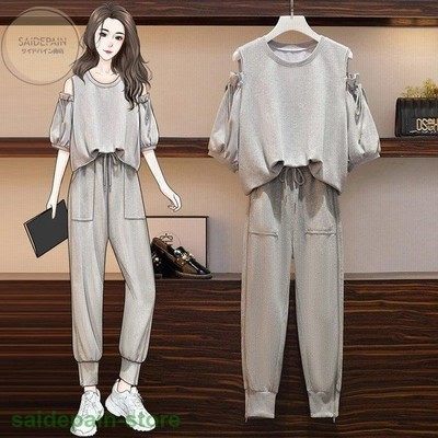 ジャージ レディース 上下 セットアップ 春夏 大人 カジュアル おしゃれ 半袖 肩出し スウェット パンツ ウエストリブ 着痩せ お出かけ ルームウェア 新作 通販 Lineポイント最大get Lineショッピング