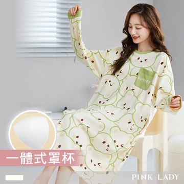 【PINK LADY】罩杯式長袖睡裙 滿版小熊 印花寬版 秋冬居家服(女睡衣/保暖/居家睡衣/連身睡裙/免穿內衣)7001