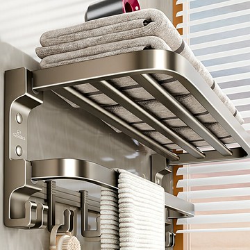 【台灣公司 可開發票】潛水艇槍灰毛巾架衛生間免打孔浴室置物架一體高端可折疊掛浴巾架