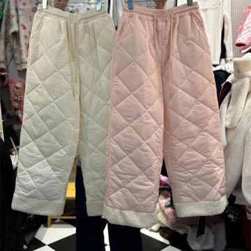 韓國東大門冬季純色休閑褲夾棉褲柔軟舒適保暖毛毛邊長褲女