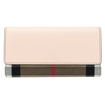 BURBERRY HALTON 經典格紋帆布拼接釦式長夾(淺粉邊)