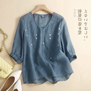 日系高端棉麻刺繡襯衫 女式夏季薄款v領氣質百搭中袖上衣 夏季女裝 短袖t恤 中大尺碼女裝 短袖上衣 寬鬆上衣短袖