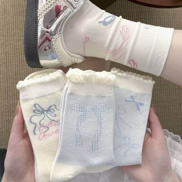 春夏季 新款 白藍色系 小清新 蝴蝶結 印花 襪子女 少女 棉襪 韓系 甜美 花邊 棉質 堆堆襪 中筒襪
