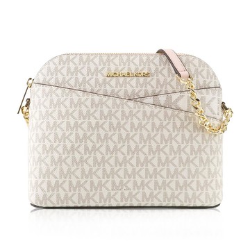 Michael Kors Jet Set Travel 經典滿版MK緹花防刮皮革斜背鍊條包 貝殼包 緹花x白粉色