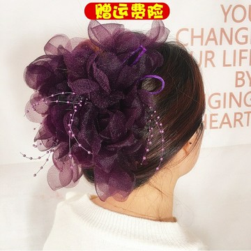 大號頭花卡子時尚夸張盤發抓夾絹紗串珠發夾布藝花朵舞臺頭飾媽媽