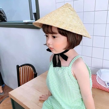 台灣熱賣夏天兒童鬥笠草帽男女童寶寶韓國裝飾防曬遮陽麥稈尖頂拍照漁夫帽-L1001 WPGS