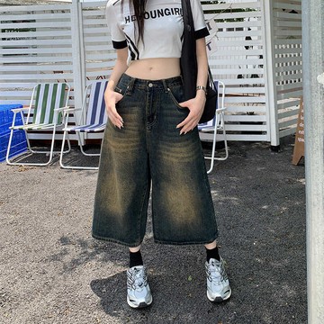 🚀台灣出貨虧本衝評🚀日本🇯🇵 闊腿7分牛仔褲新款復古水洗做舊美式高街寬松直筒中褲男女短褲潮