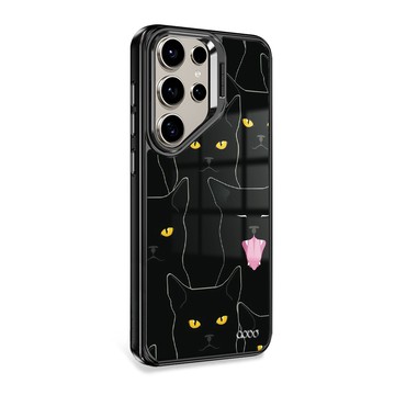 APBS Samsung S26/S25/S24/S23系列 防摔合金框隱形立架手機殼-慵懶黑貓-黑框