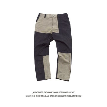 JANWONG不規則拼接設計工裝休閑褲拼布直筒9分裤