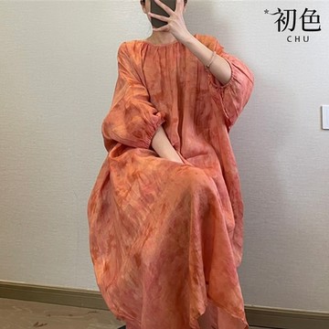 初色  復古文藝風韻染印花圓領五分短袖寬鬆中大碼連衣裙連身洋裝長洋裝-橘紅色-34700(L-2XL可選)