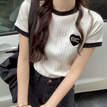 ZUCA”S - 韓版撞色刺繡針織上衣 短袖上衣 短袖t恤 女裝  寬鬆上衣 素T - T-571