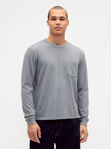 男裝 純棉圓領長袖上衣-灰色