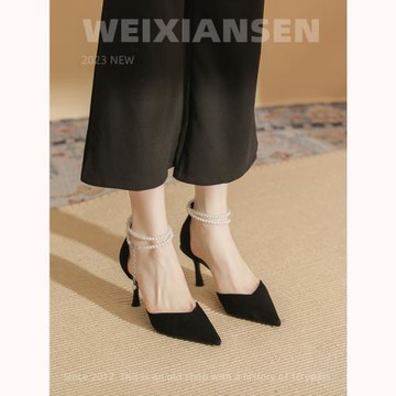 微先生包頭涼鞋女 高跟鞋女夏季旗袍鞋 黑色細跟一字帶通勤單鞋女