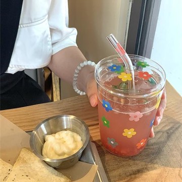 韓國ins風彩色花朵玻璃杯少女心吸管杯可愛清新小花杯子帶吸管