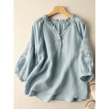 苧麻鏤空刺繡襯衫女復古寬松木耳花邊V領減齡顯瘦套頭棉麻上衣夏