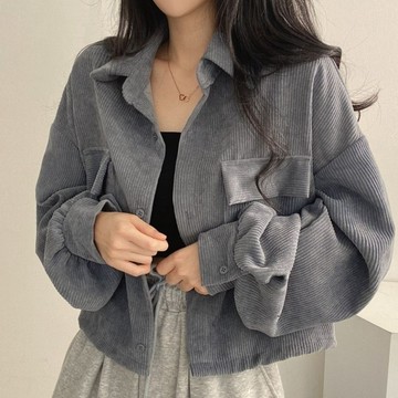 韓系3色 燈芯絨外套 燈心絨襯衫 保暖外套 chic 法式 翻領 冬天女裝 冬天外套 簡約復古燈芯絨雙口袋襯衫