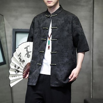夏季男提花休閑短袖中國風復古盤扣唐裝襯衫新中式寬松大碼茶服男