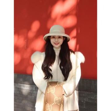 圓圓媛 白兔童話 百分百雙面羊毛狐貍毛秋冬新款氣質白色大衣外套