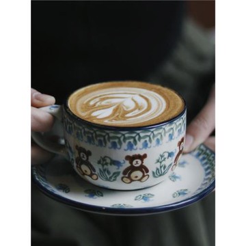 復古鈴蘭小熊陶瓷咖啡杯碟拿鐵拉花杯下午茶杯碟盤子燉盅餐具