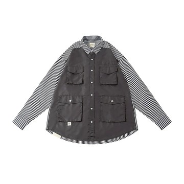 A[S]USL PATCHWORK FOUR POCKETS SHIRT/ ASUSL 日系 寬鬆 防潑水 拼接條紋襯衫