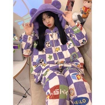 睡衣冬季女珊瑚絨三層夾棉加絨加厚2022年新款卡通連帽家居服套裝